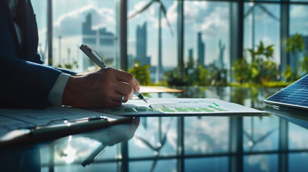 Business man signing contract for solar.
