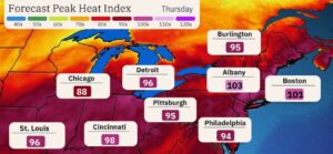 Map of heat index temperatures for Thursday June 20th 2024 of New York State and surrounding regions.