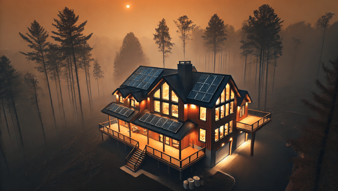 house with solar panels with wildfire pollution from bad air quality