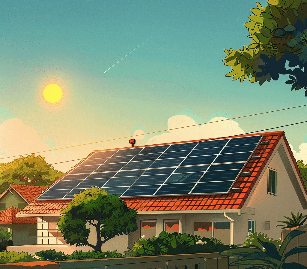 Cartoon, illustrative image of solar on home generated using Midjourney.